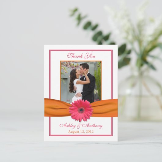 Roze Gerber Daisy Sinaasappel lint bruiloft dank u Briefkaart (Staand voorkant)