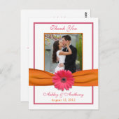 Roze Gerber Daisy Sinaasappel lint bruiloft dank u Briefkaart (Voorkant / Achterkant)