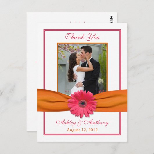 Roze Gerber Daisy Sinaasappel lint bruiloft dank u Briefkaart (Voorkant / Achterkant)