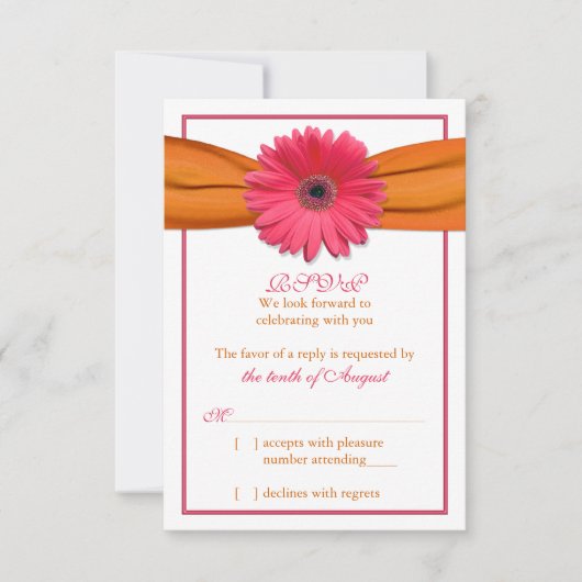 Roze Gerber Daisy Sinaasappel Lint Bruiloft RSVP A (Voorkant)