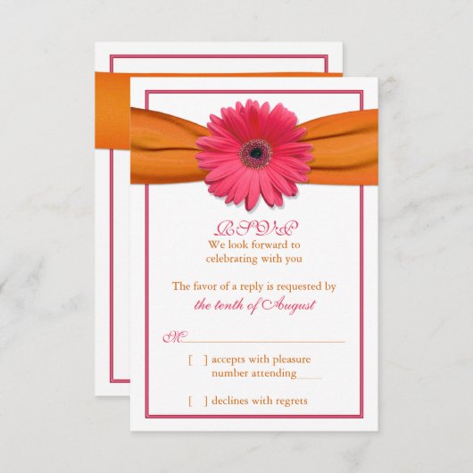 Roze Gerber Daisy Sinaasappel Lint Bruiloft RSVP A (Voorkant / Achterkant)