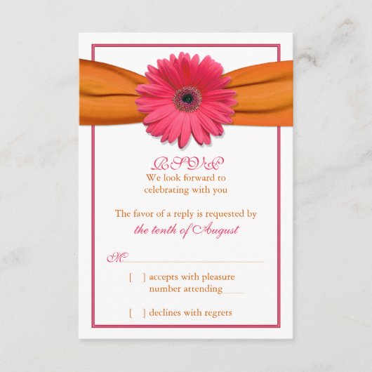 Roze Gerber Daisy Sinaasappel Lint Bruiloft RSVP A (Voorkant)