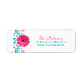 Roze Gerber Daisy Turquoise Bloemen Trouwadres Etiket (Voorkant)