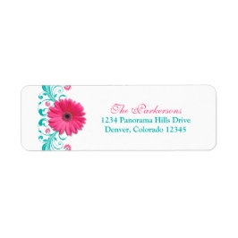 Roze Gerber Daisy Turquoise Bloemen Trouwadres Etiket