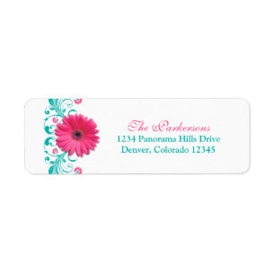 Roze Gerber Daisy Turquoise Bloemen Trouwadres Etiket