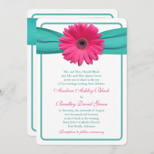 Roze Gerber Daisy Turquoise Wedding Uitnodiging (Voorkant / Achterkant)