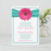 Roze Gerber Daisy Turquoise Wedding Uitnodiging (Staand voorkant)