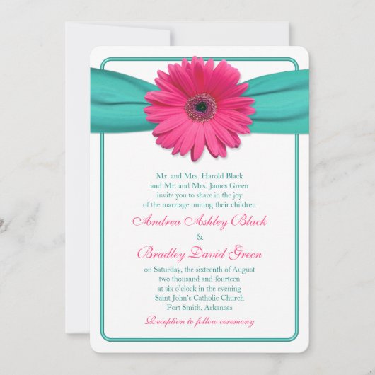 Roze Gerber Daisy Turquoise Wedding Uitnodiging (Voorkant)