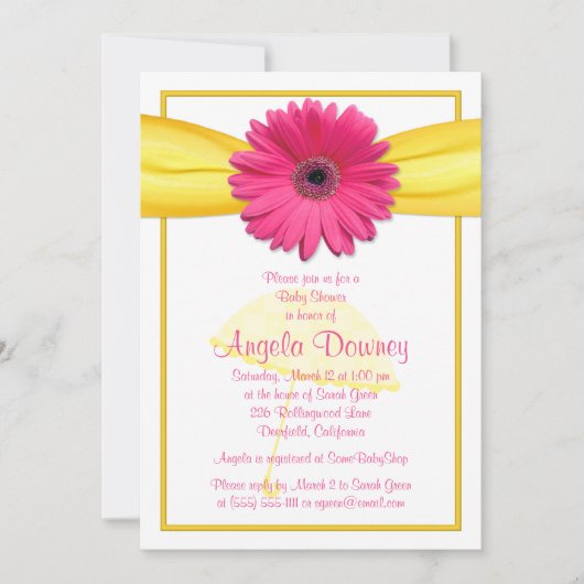 Roze Gerber Daisy Yellow Ribbon Baby shower Invite Kaart (Voorkant)