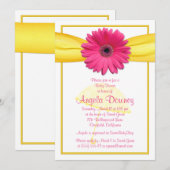 Roze Gerber Daisy Yellow Ribbon Baby shower Invite Kaart (Voorkant / Achterkant)