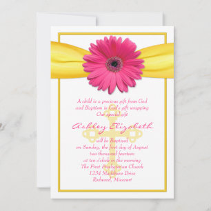 Roze Gerber Daisy Yellow Ribbon Baptism Invitation Kaart