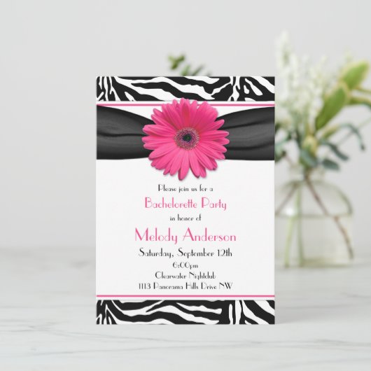 Roze Gerber Daisy Zebra Print Bachelorette Party Kaart (Staand voorkant)