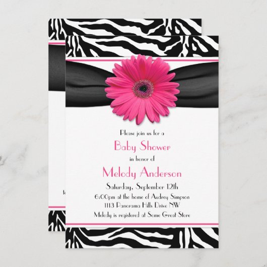 Roze Gerber Daisy Zebra Print Girl Baby shower Kaart (Voorkant / Achterkant)