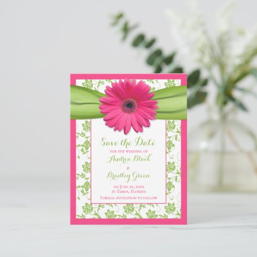 Roze Gerber Green Floral Damask sparen de Kaart va (Staand voorkant)