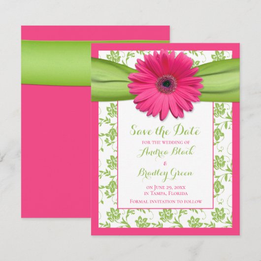 Roze Gerber Green Floral Damask sparen de Kaart va (Voorkant / Achterkant)