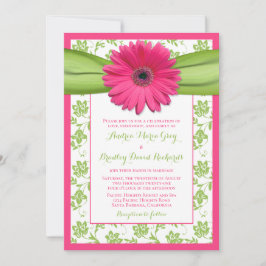 Roze Gerber Green Floral Damask Wedding Invitation Kaart