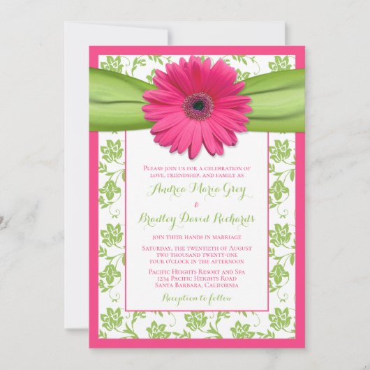 Roze Gerber Green Floral Damask Wedding Invitation Kaart (Voorkant)