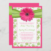 Roze Gerber Green Floral Damask Wedding Invitation Kaart (Voorkant / Achterkant)
