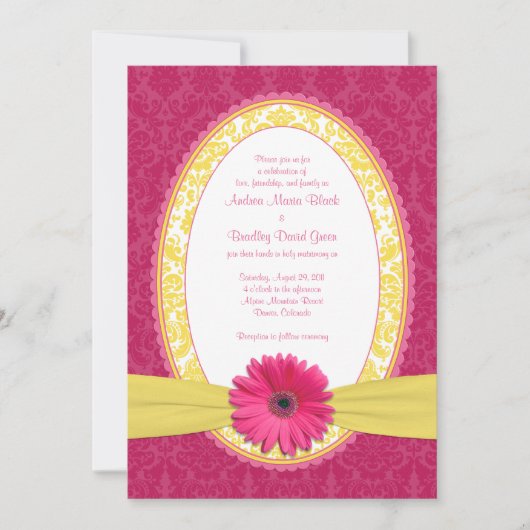 Roze Gerber Lemon Yellow Damask Wedding Invitation Kaart (Voorkant)