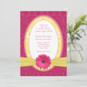 Roze Gerber Lemon Yellow Damask Wedding Invitation Kaart (Staand voorkant)