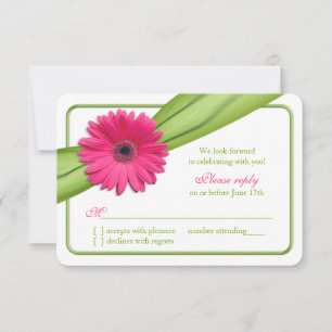 Roze Gerber Madeliefje Groene Lint Trouw RSVP Kaartje