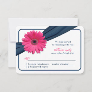 Roze Gerber Madeliefje Marineblauwe Lint Trouw RSV RSVP Kaartje