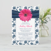 Roze Gerber Navy Damask Bridal Shower Uitnodiging (Staand voorkant)