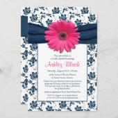 Roze Gerber Navy Damask Bridal Shower Uitnodiging (Voorkant / Achterkant)