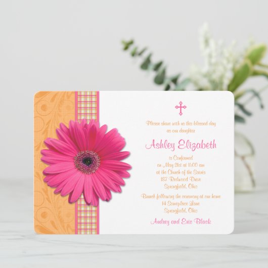 Roze Gerber Oranje Pset Confirmation Kaart (Staand voorkant)