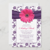 Roze Gerber Paarse Damask Bridal Shower Uitnodigin Kaart (Voorkant)