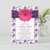 Roze Gerber Paarse Damask Bridal Shower Uitnodigin Kaart (Staand voorkant)