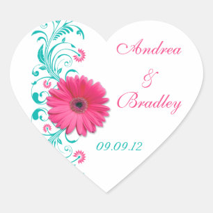 Roze Gerber Turquoise Bloemen Bruiloft Envelop Sea Hart Sticker