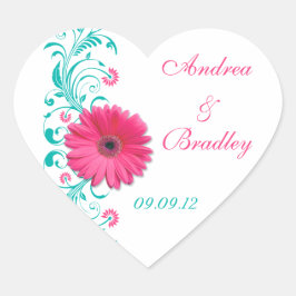 Roze Gerber Turquoise Bloemen Bruiloft Envelop Sea Hart Sticker