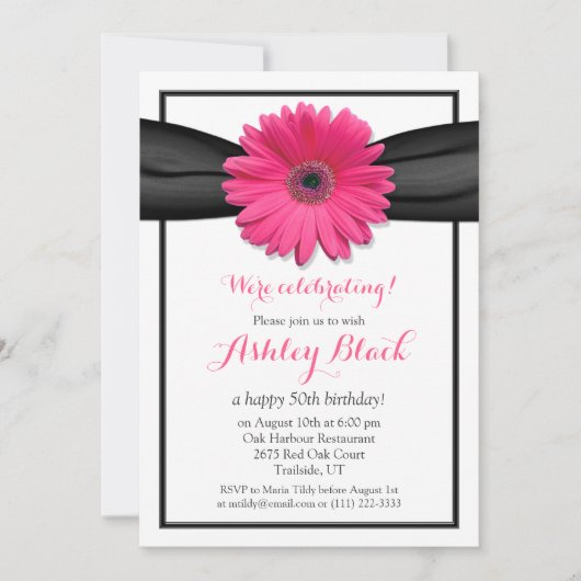 Roze Gerbera Black Ribbon Birthday Uitnodiging (Voorkant)