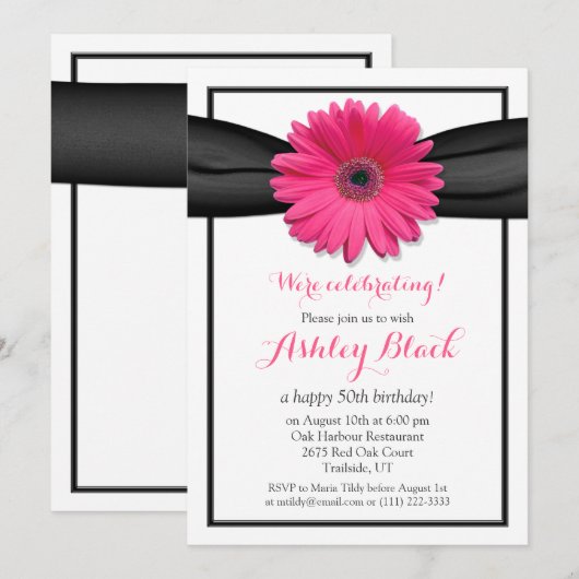 Roze Gerbera Black Ribbon Birthday Uitnodiging (Voorkant / Achterkant)