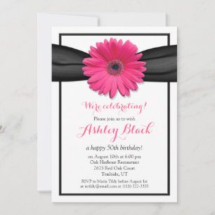 Roze Gerbera Black Ribbon Birthday Uitnodiging