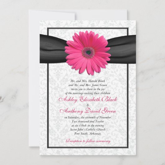 Roze Gerbera Black Ribbon Wedding Uitnodiging (Voorkant)