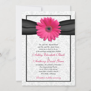 Roze Gerbera Black Ribbon Wedding Uitnodiging