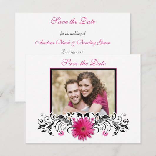 Roze Gerbera Black White Floral Save the Date Kaar (Voorkant / Achterkant)
