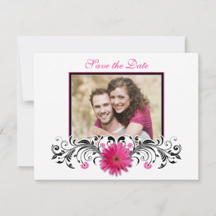 Roze Gerbera Black White Floral Save the Date Kaar