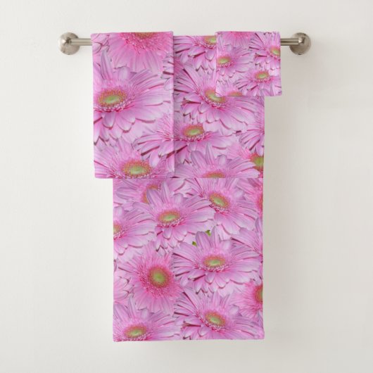 Roze Gerbera bloemen, badkamer handdoek set, (Insitu)