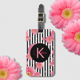 Roze Gerbera-bloemen op zwarte en witte strepen Bagagelabel