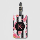 Roze Gerbera-bloemen op zwarte en witte strepen Bagagelabel (Voorkant (verticaal))