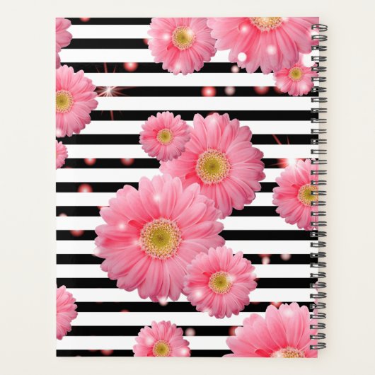 Roze Gerbera-bloemen op zwarte en witte strepen Planner