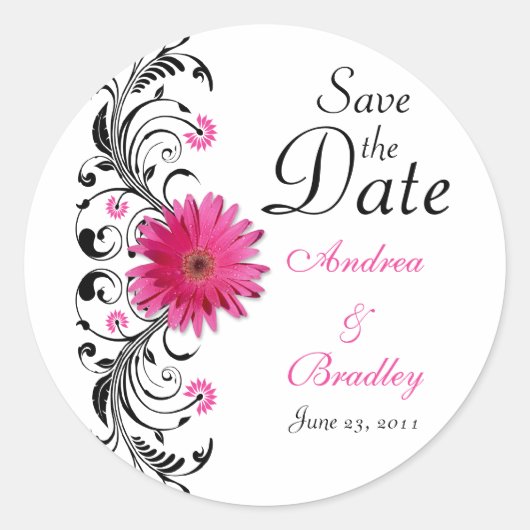 Roze Gerbera Bloemenbruiloft Save the Date Sticker (Voorkant)