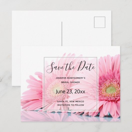 Roze Gerbera Daisies Elegant Photo Save the Date Uitnodiging Briefkaart (Voorkant / Achterkant)