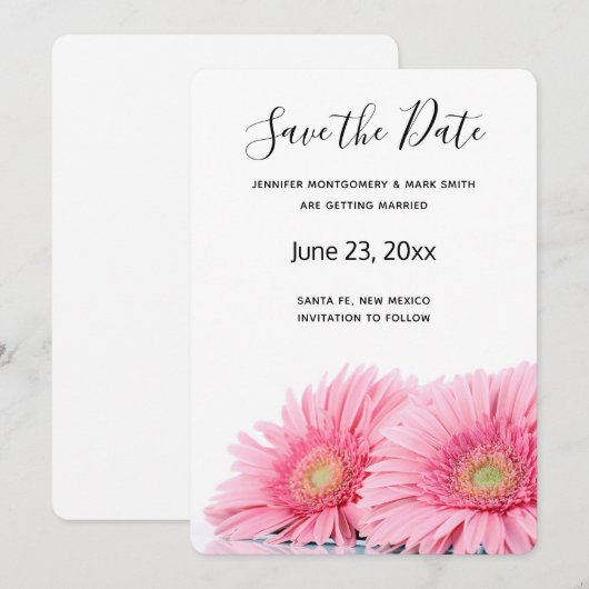 Roze Gerbera Daisies Elegant Photography Save The Date (Voorkant / Achterkant)