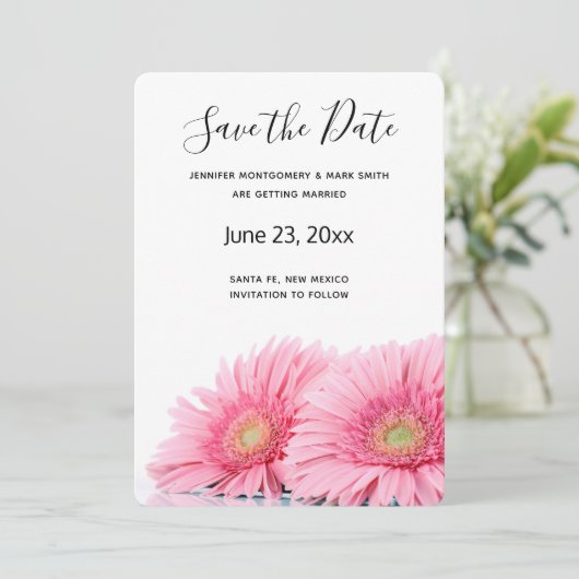Roze Gerbera Daisies Elegant Photography Save The Date (Staand voorkant)