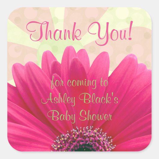 Roze Gerbera Daisy Baby shower Dank u Vierkante Sticker (Voorkant)