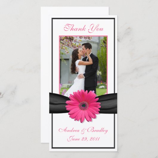 Roze Gerbera Daisy Black Ribbon bruiloft Dank u Bedankkaart (Voorkant / Achterkant)